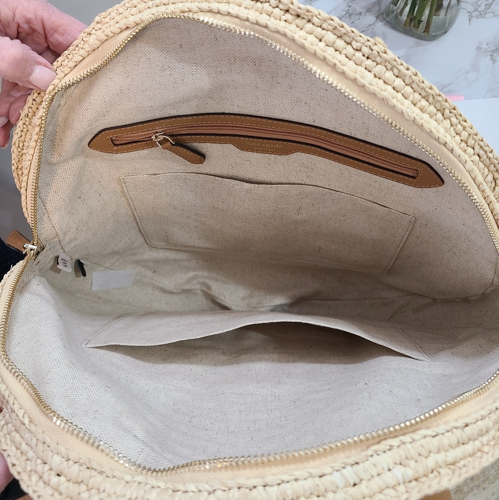 kate spade Natural Straw Round Tote with Green Leaf Embroidery and White Script - Picture 5 of 6